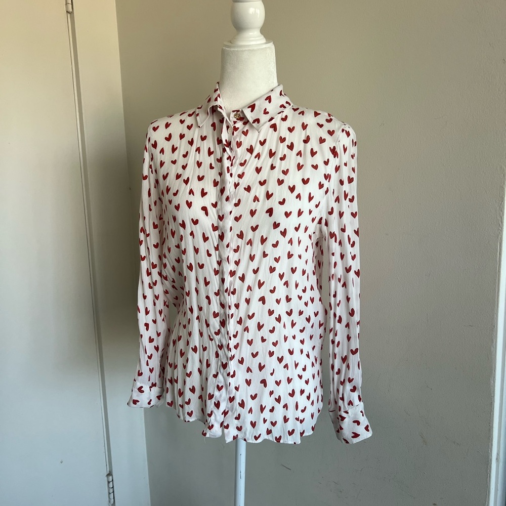 Zara White Blouse with Red Heart Print